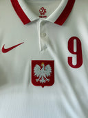 White Poland home soccer jersey polo collar with crest, Nike swoosh, red number 9