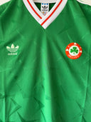 Green soccer home shirt with white adidas logo, red-white V collar trim, Ireland badge