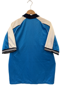 Light blue and white football jersey with raglan sleeves and black sleeve stripes