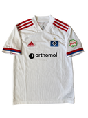 White youth soccer home shirt, adidas and orthomol logos, HSV badge, sleeve Popp patch
