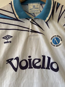 Napoli away football shirt with blue collar stripes, Umbro mark, Napoli crest, and Voicello