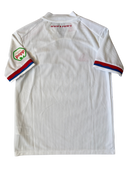 White youth soccer home shirt, red/blue sleeve stripes, rear collar, Popp patch