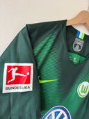 Green striped football jersey on hanger with BundesLiga patch and club crest