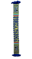 Parma scarf with royal-blue fringe, multicolor crest and 'PARMA' text pattern