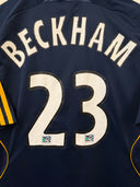 LA Galaxy away soccer shirt with BECKHAM name and large 23 number on navy.