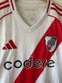 Men's home soccer shirt, white with red diagonal panel, V-neck and club crest