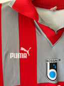 Red and gray striped football home kit jersey with Puma logo and BOSSINI sponsor