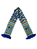 Graphic scarf in blue, green, and yellow stripes with fringed ends