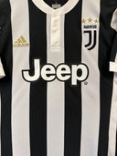 Black and white striped Juventus home football shirt with adidas logo and Jeep sponsor