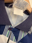 Navy and cream away football shirt, striped collar with button placket