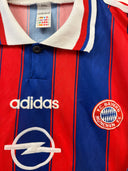 Blue and red striped home football shirt with adidas logo, FCB Bayern crest, button collar