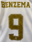 White football jersey back with BENZEMA name and large gold #9 number