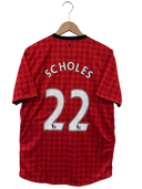 Red checkered Manchester United home shirt back with Scholes 22 and black V-neck