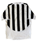Youth home football shirt with black-and-white vertical stripes, short sleeves, crew neck